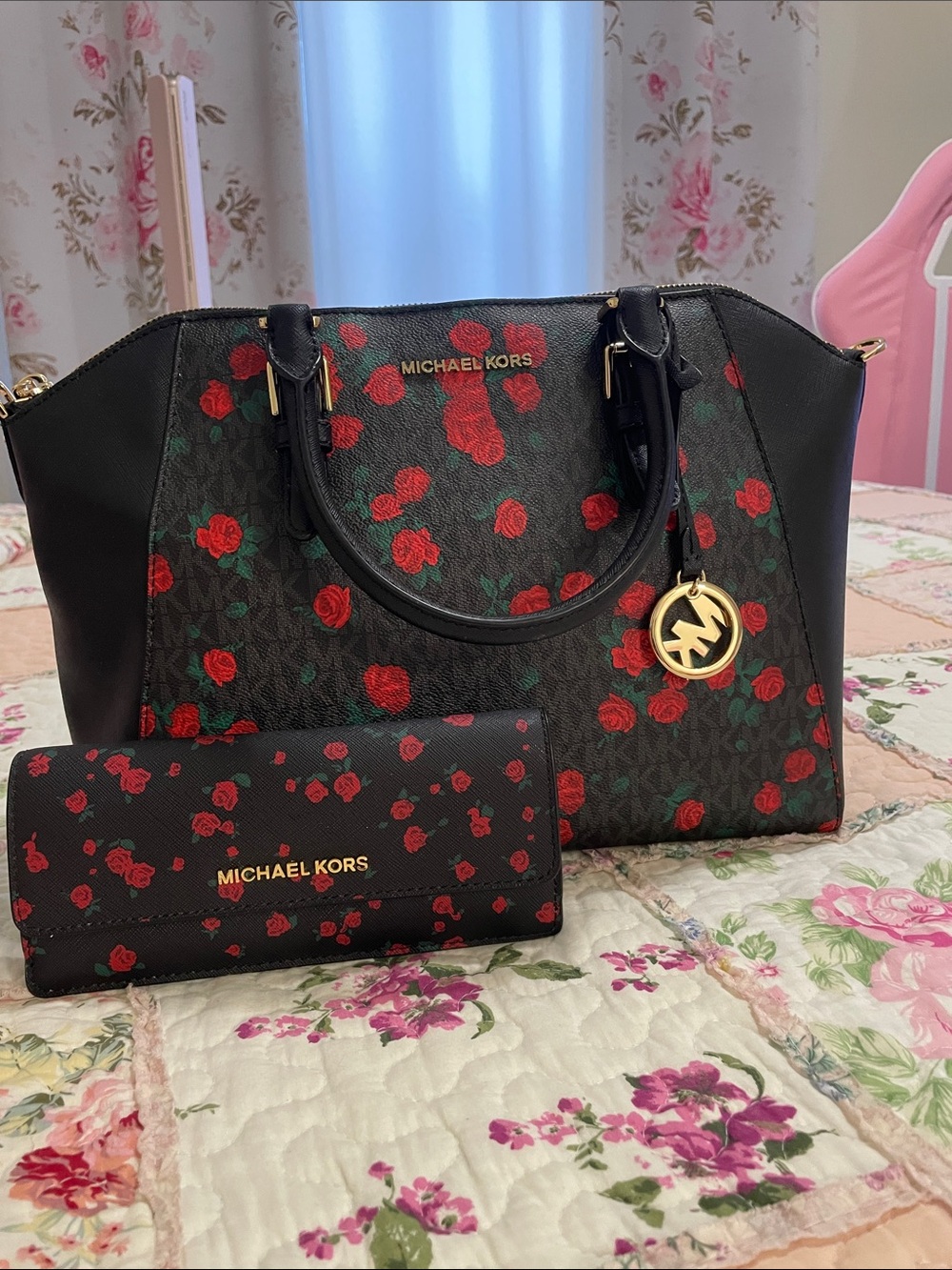 Michael Kors Black Handbag & Wallet with Red Rose Print